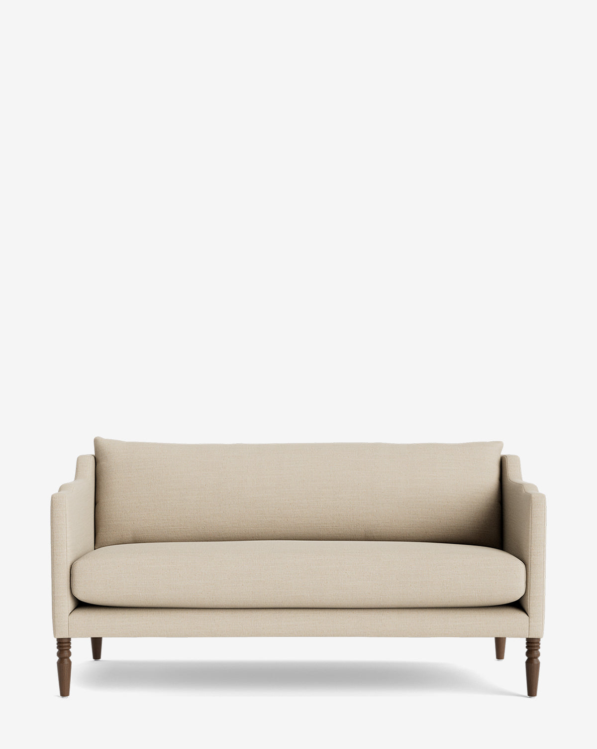 The Makerspalm Gemma Settee 65 showcases a timeless design with quality fabric, single seat and back cushions, straight arms, and dark wood legs, displayed against a plain white background by McGee & Co.