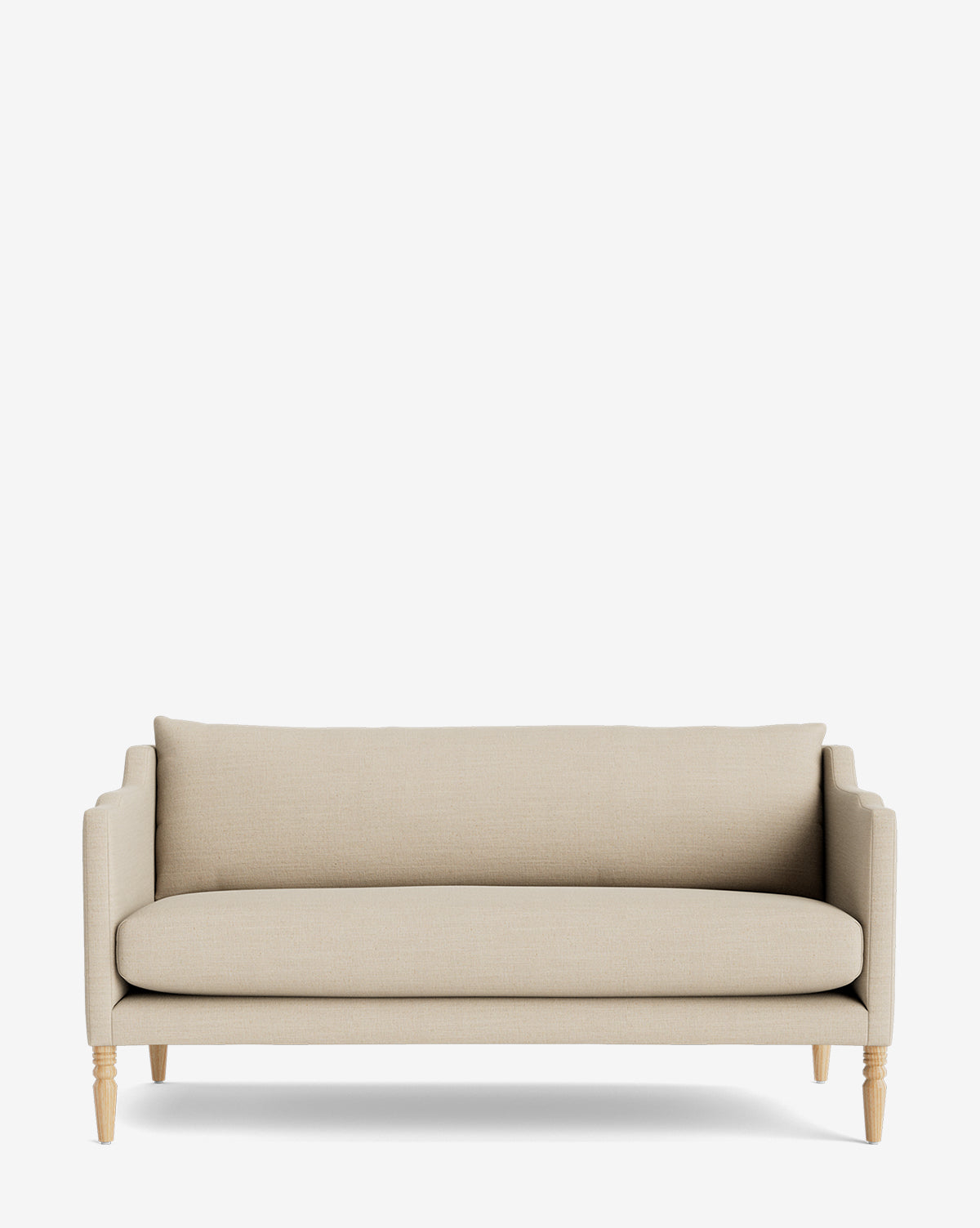 The Makerspalm Gemma Settee 65 features beige upholstery, wooden legs, a single seat and back cushion, and low armrests. Its timeless design and premium fabric create an elegant accent against a plain white background—McGee & Co.