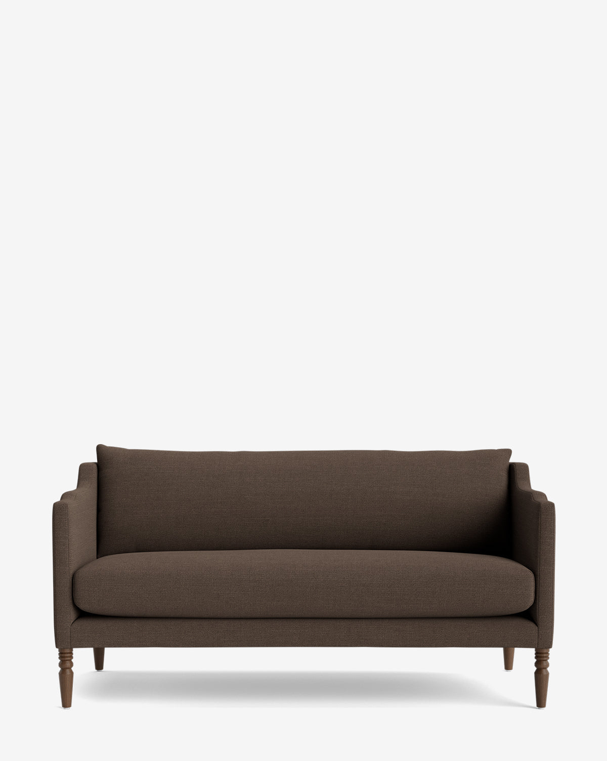The Gemma Settee 65 showcases a timeless design with dark brown high-quality fabric, wooden spindle legs, straight armrests, and a single back cushion, all set against a plain white background, by McGee & Co.