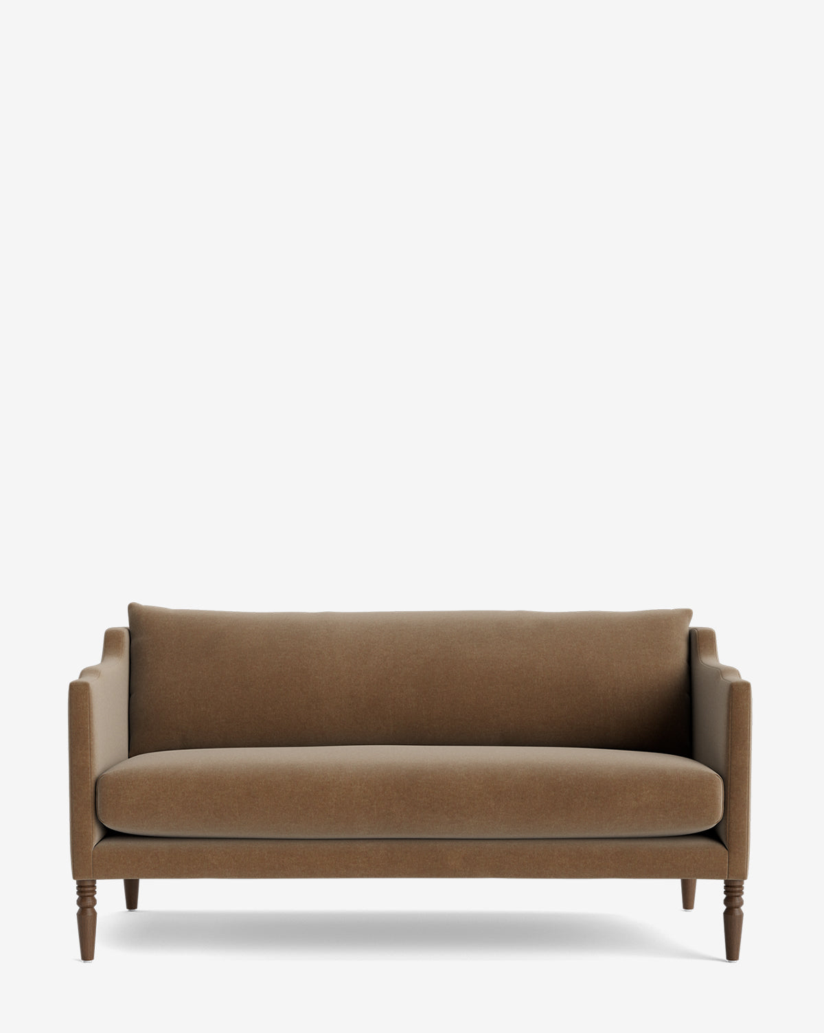 The Gemma Settee 65 showcases high-quality fabric upholstery, a straight back, square arms, a single seat cushion, and turned wooden legs, all in a chic mid-century modern style and set against a plain white background by McGee & Co.