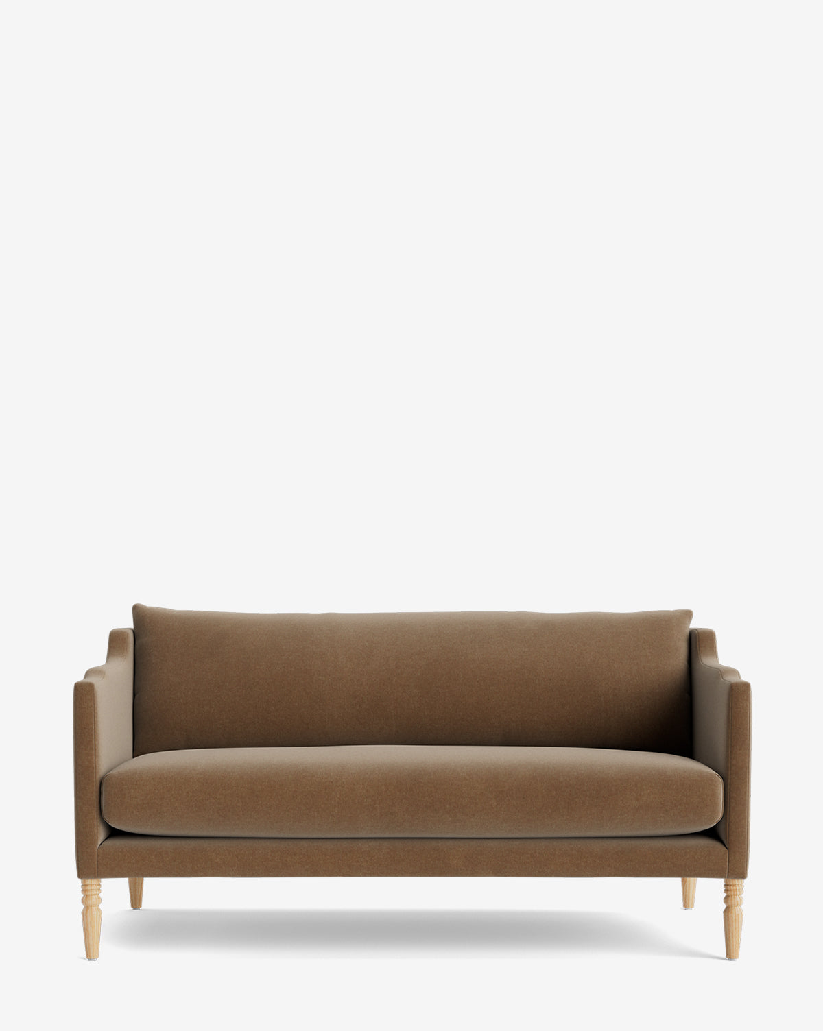 The Gemma Settee 65 features a modern brown design with clean lines, a cushioned backrest and seat in premium fabric, and light wooden legs, displayed against a plain white background by McGee & Co.