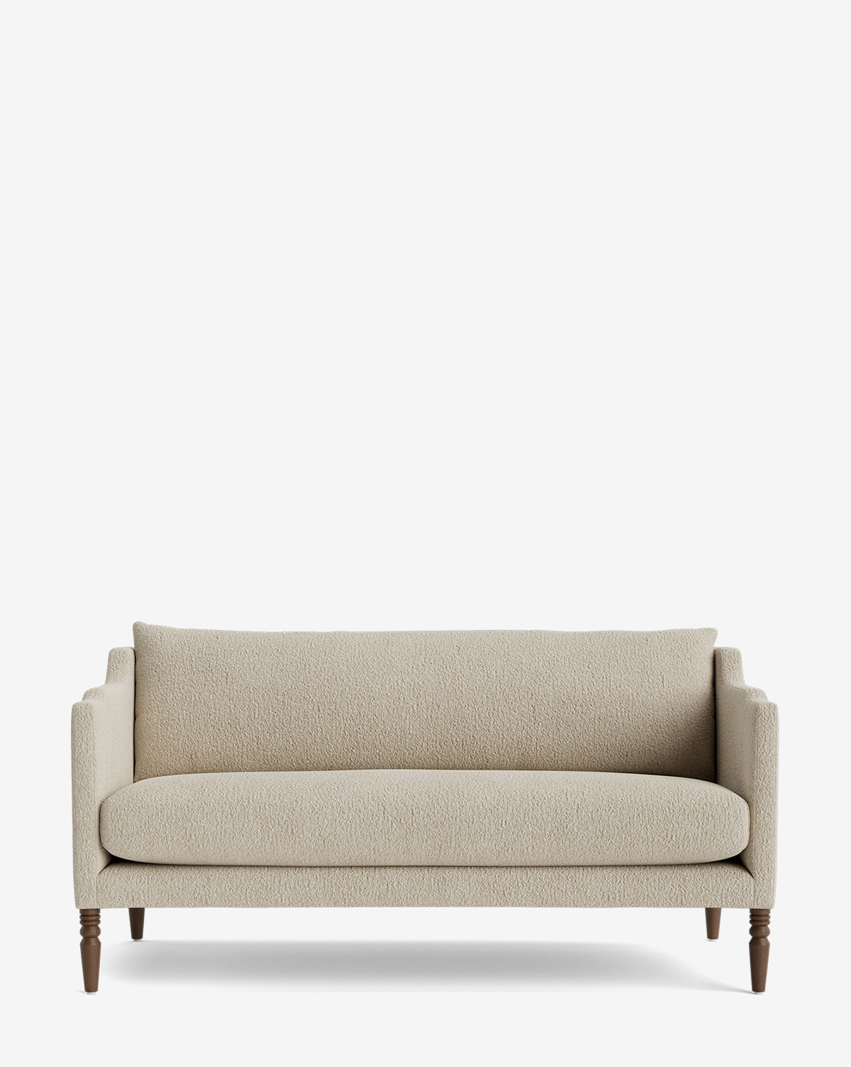 The Gemma Settee 65 showcases a timeless design with high-quality beige fabric, single seat and back cushions, and short dark wooden legs, displayed on a plain white background by McGee & Co.