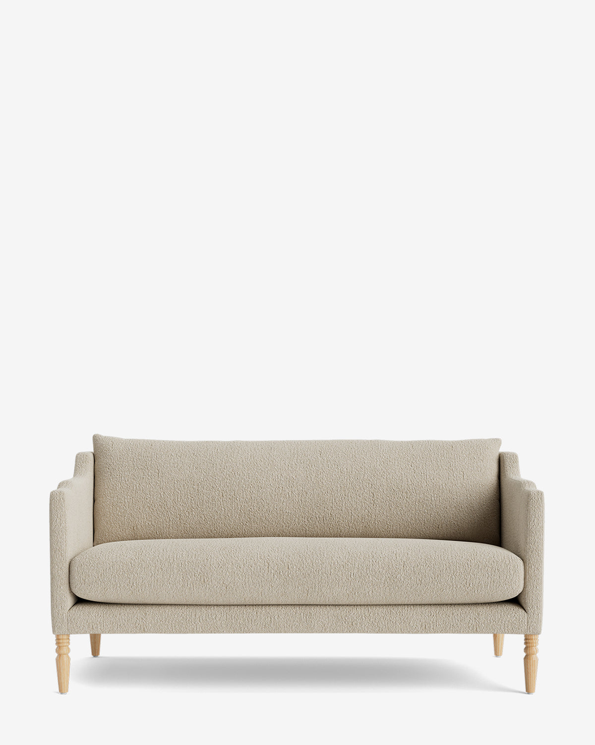 The Gemma Settee 65 showcases a timeless look with beige textured fabric, straight arms, and light wooden legs, displayed on a plain white background by McGee & Co.