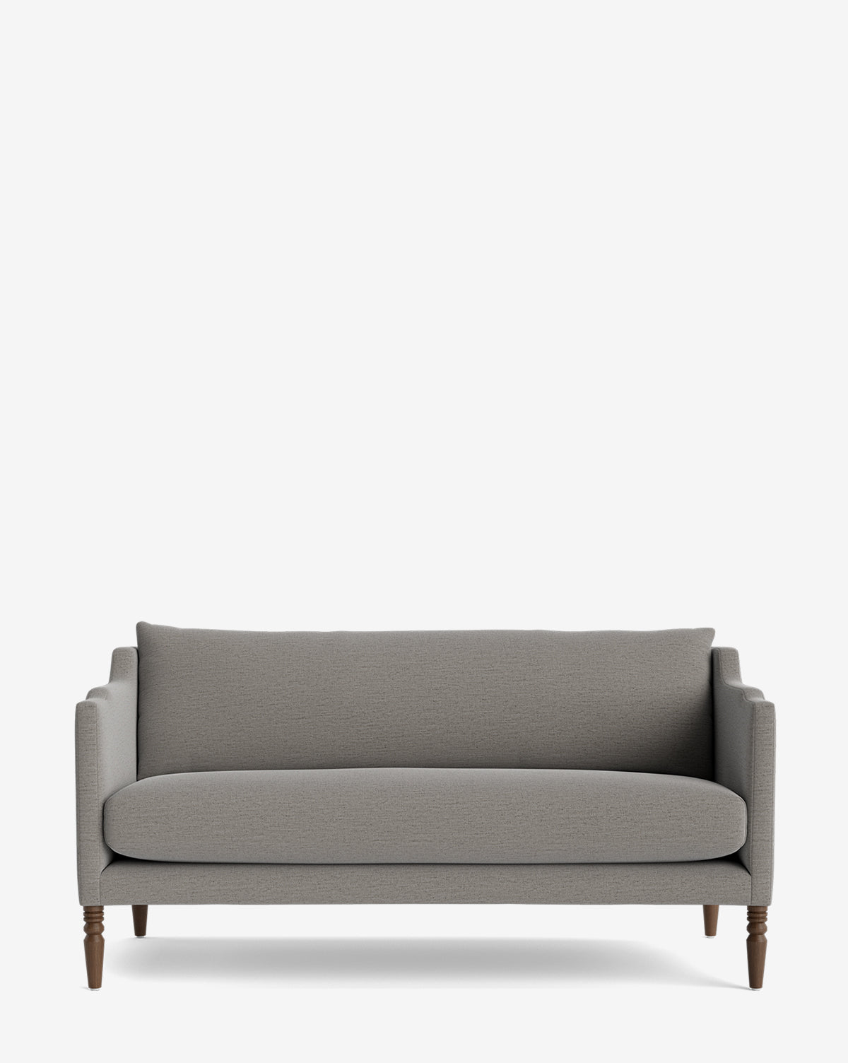 The Makerspalm Gemma Settee 65 features high-quality fabric, clean lines, high arms, a single back cushion, and dark wooden legs, shown against a plain white background. McGee & Co.