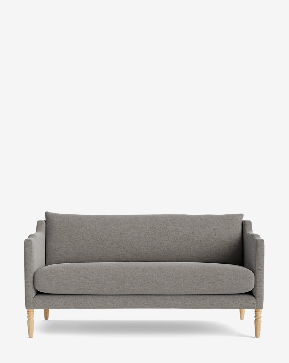 The Makerspalm Gemma Settee 65 is a modern, light gray upholstered sofa with straight arms, wooden legs, a single back cushion, and high-quality fabric for a timeless look against a white background by McGee & Co.