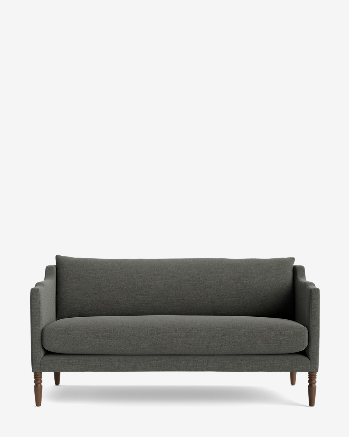 The Makerspalm Gemma Settee 65 features high-quality dark gray upholstery, a straight back, slim armrests, and wooden legs, combining timeless design with modern style against a plain white background. McGee & Co.