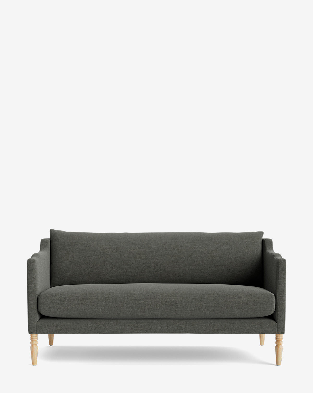 The Makerspalm Gemma Settee 65 is a modern dark gray piece with wooden legs, straight armrests, and a single back cushion in high-quality fabric, shown against a plain white background. McGee & Co.