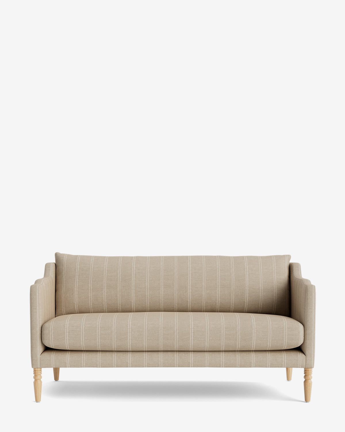 The Gemma Settee 65 is a beige upholstered sofa with white vertical stripes, wooden legs, and cushioned back and seat, shown against a plain white background by McGee & Co.