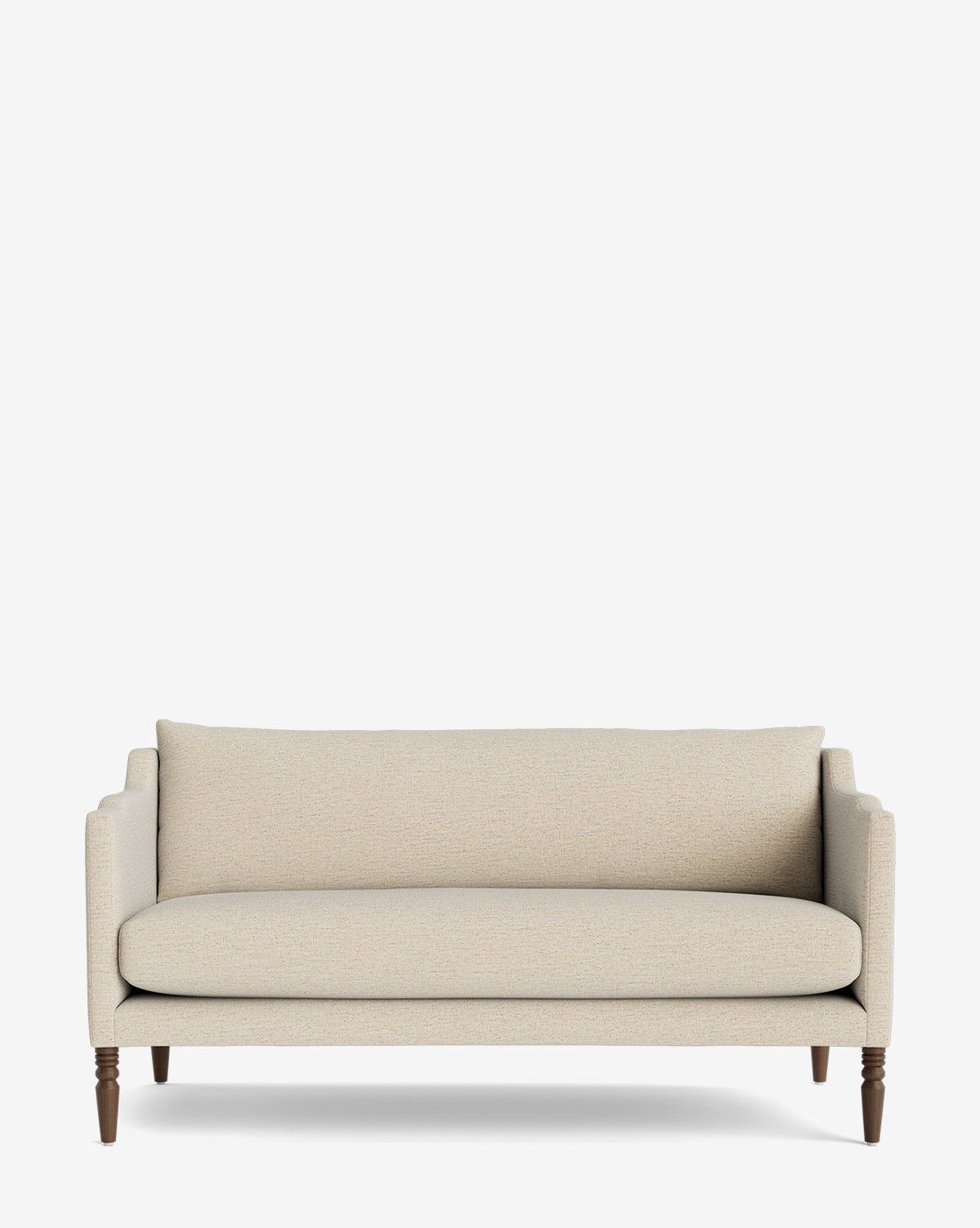 Lounge on our cream-colored Gemma Settee, a mid-century modern inspired loveseat with cushioned arms and wooden legs from McGee & Co.