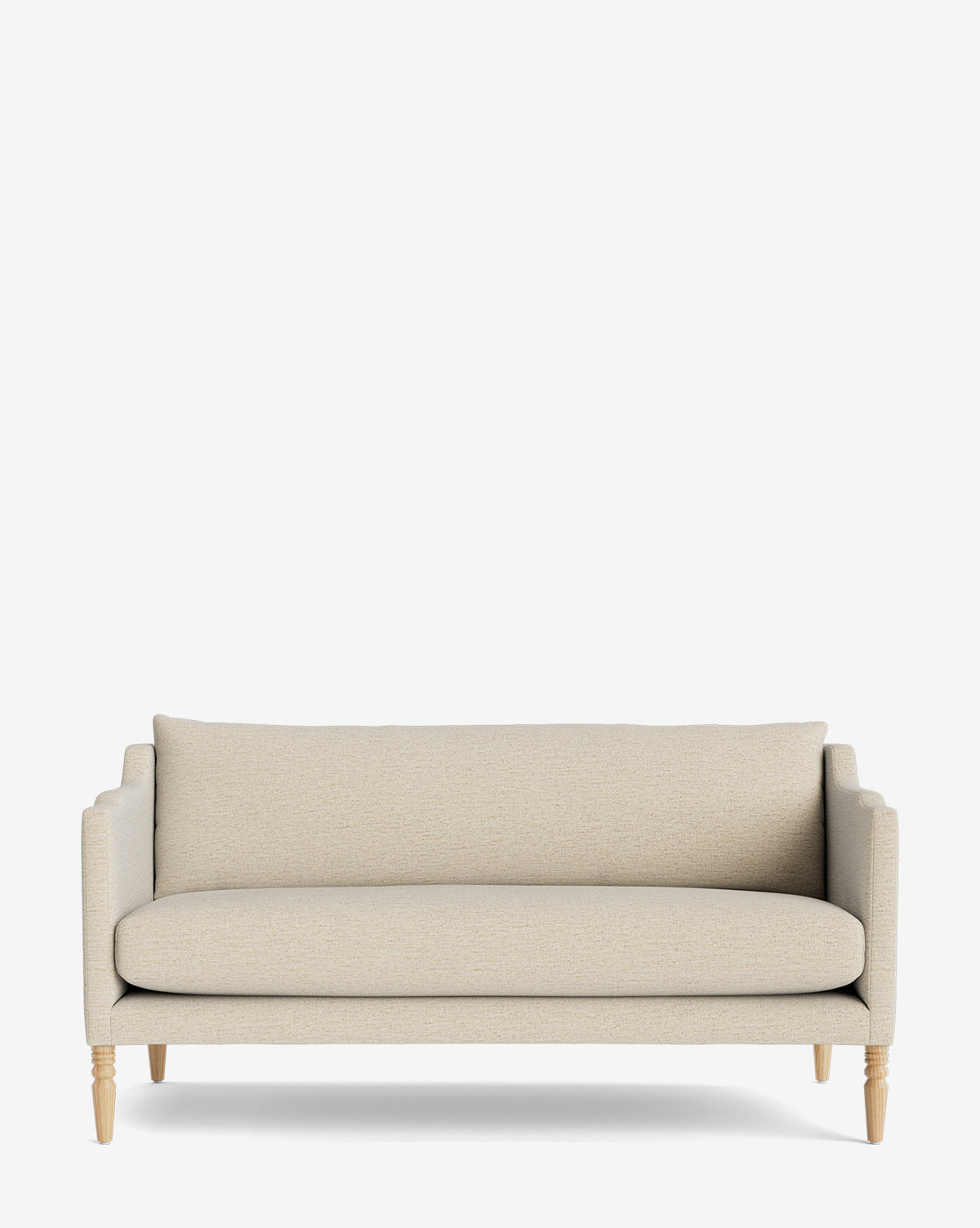 The Gemma Settee 65 is a beige upholstered loveseat with wooden legs, featuring a single seat cushion, back cushion, and slim armrests for a timeless look against a plain white background, by McGee & Co.
