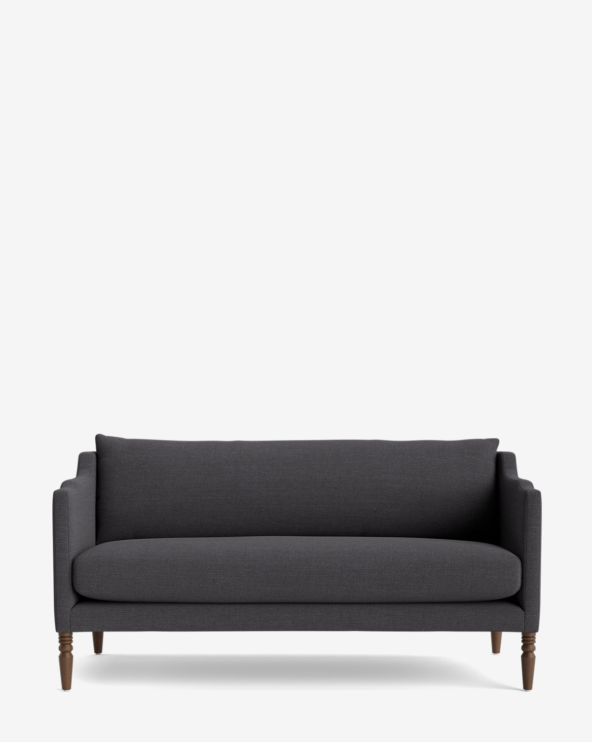The Gemma Settee 65 features dark gray high-quality fabric, slim armrests, a single seat cushion, and four wooden legs, shown against a plain white background by McGee & Co.