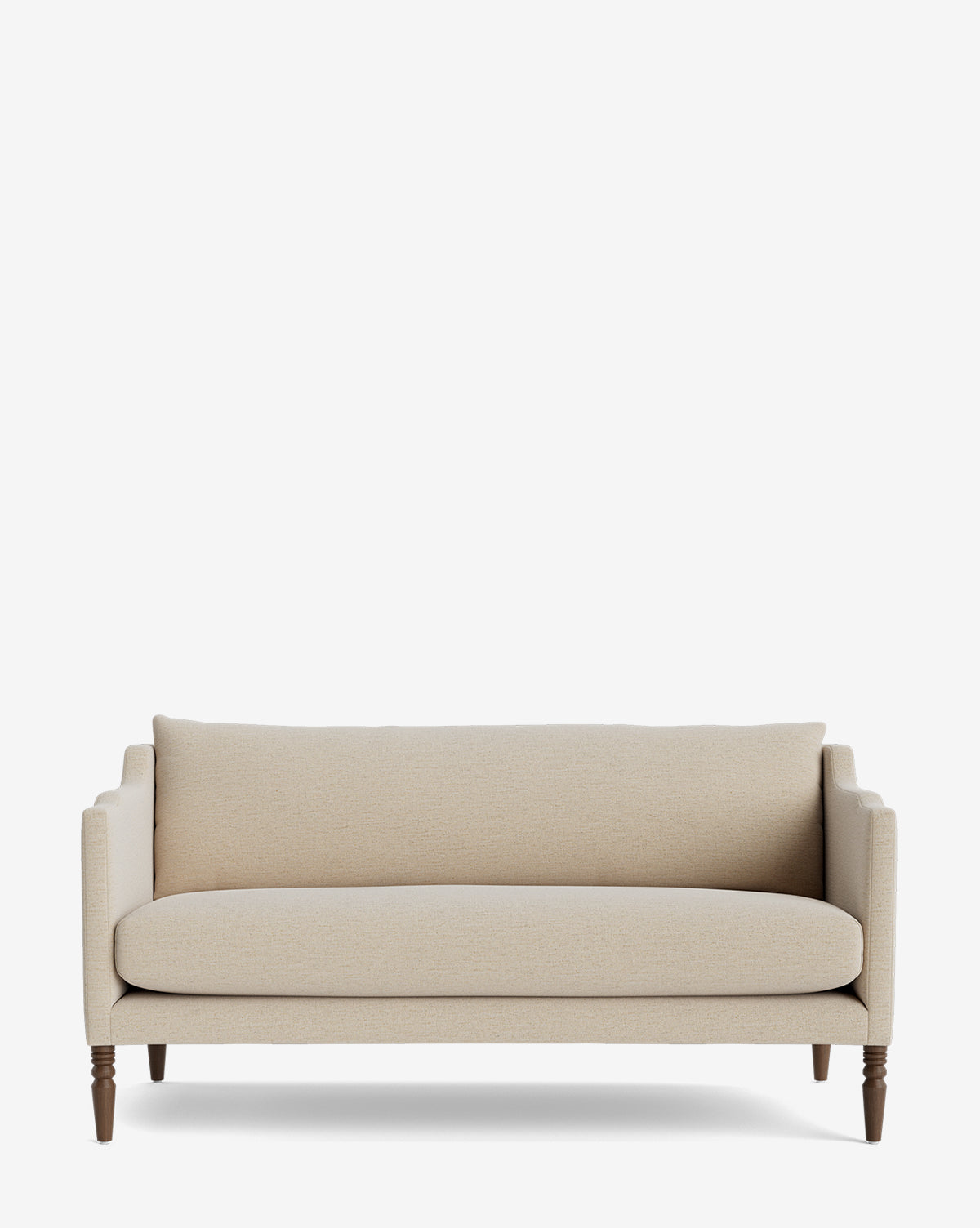 The Makerspalm Gemma Settee 65 is a beige loveseat with high-quality fabric, cushioned back and seat, straight arms, and four dark wood legs, shown on a plain white background by McGee & Co.
