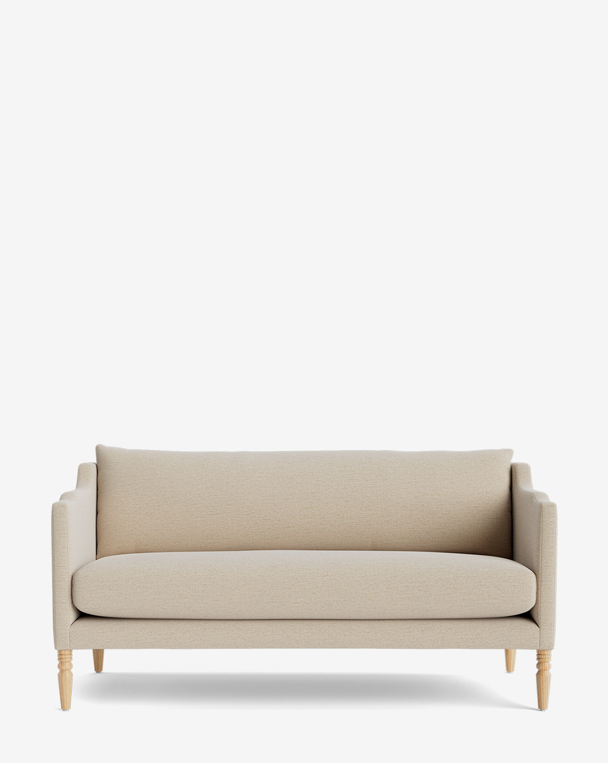 The Makerspalm Gemma Settee 65 features beige upholstery, a single seat and back cushion, light wooden legs, and timeless design in high-quality fabric, displayed against a white background. McGee & Co.
