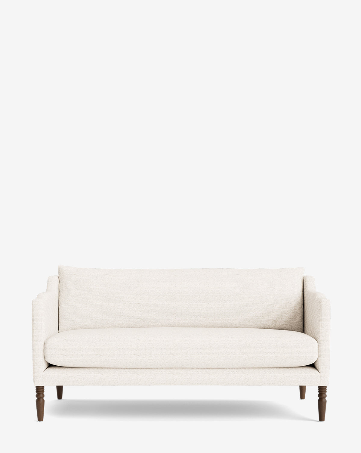 The Makerspalm Gemma Settee 65 is a modern cream loveseat with slim cushioned arms and wooden legs. Its minimalist design and soft fabric create an inviting look, perfect for any space. McGee & Co.