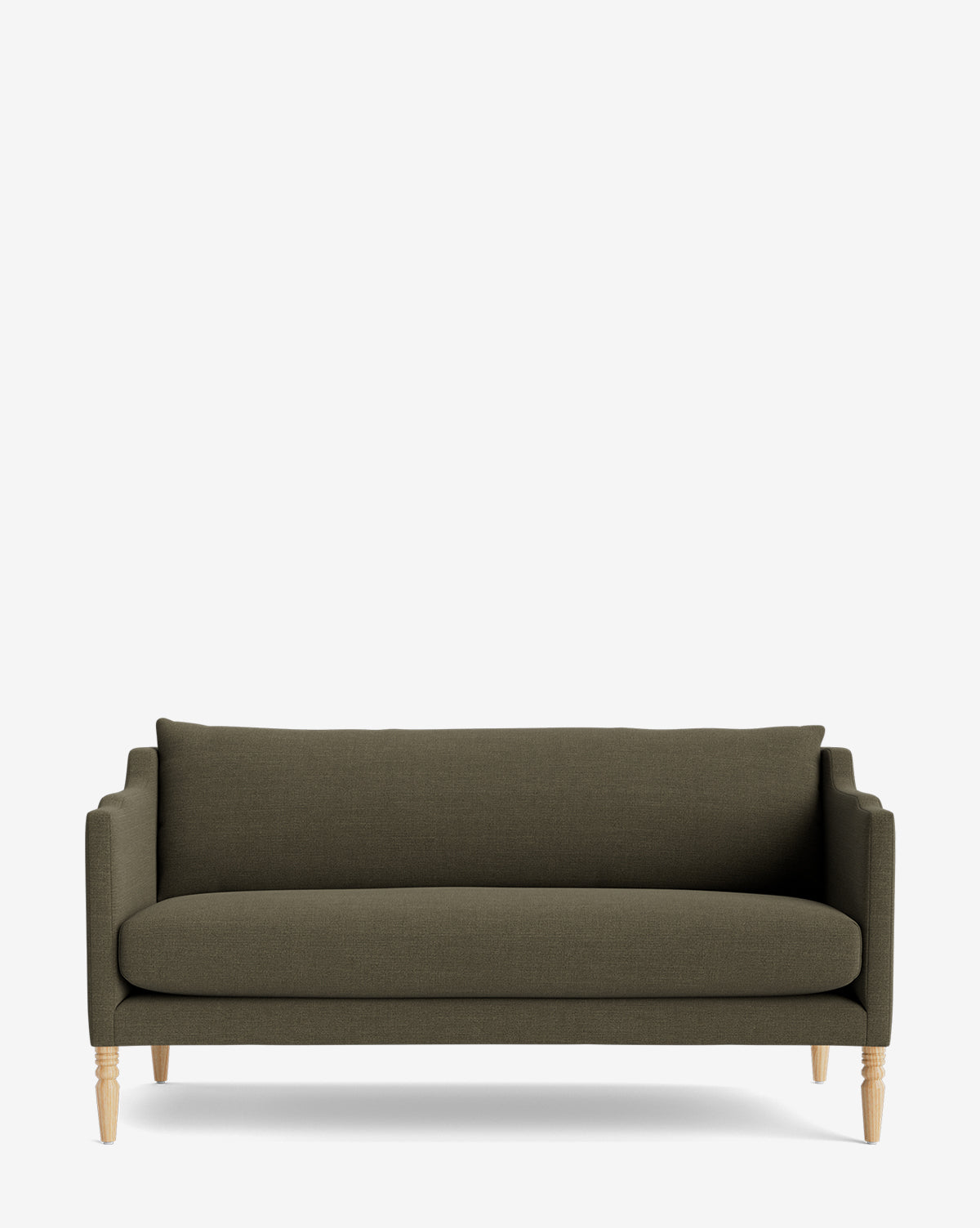 The Gemma Settee 65 in dark olive green features clean lines, high-quality fabric, a cushioned back, and light wooden legs, creating a timeless look against a plain white background by McGee & Co.