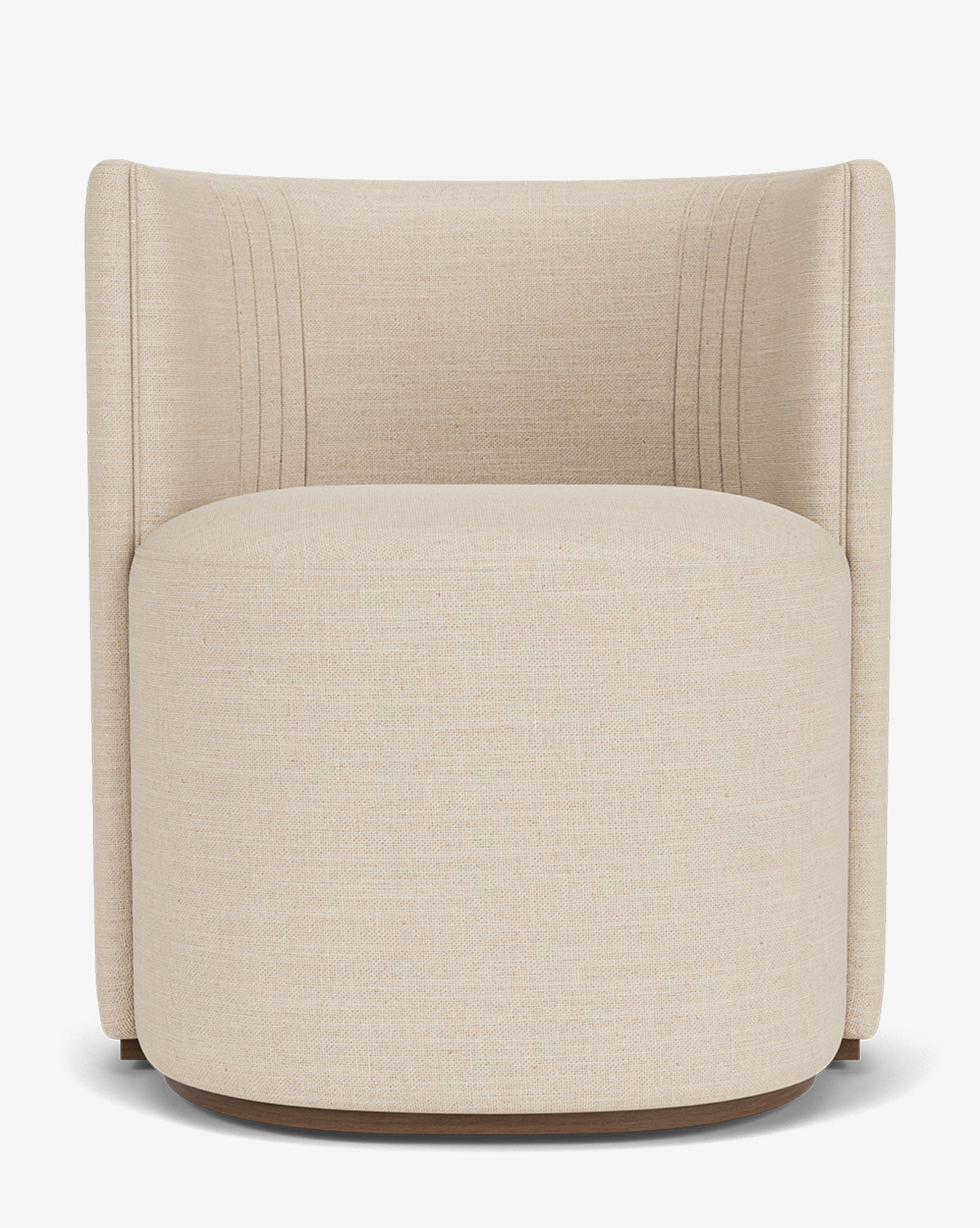 The Georgina Dining Chair by Makerspalm is a modern beige swivel chair with designer upholstery, a curved backrest, and subtle vertical stitching, echoing art deco style, displayed on a plain white background. McGee & Co.