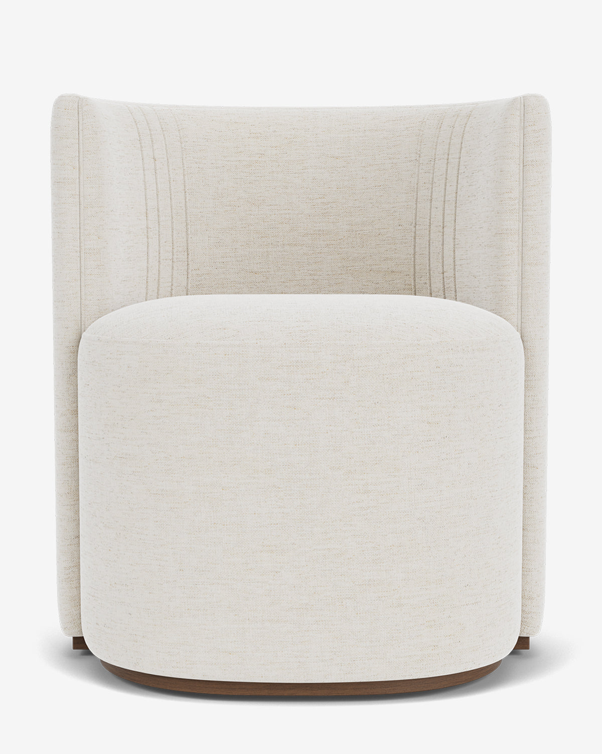 Front view of the Georgina Dining Chair—a modern barrel-shaped swivel chair featuring cream designer upholstery with subtle vertical stitching and a rounded wooden base—shown against a white background, by McGee & Co.