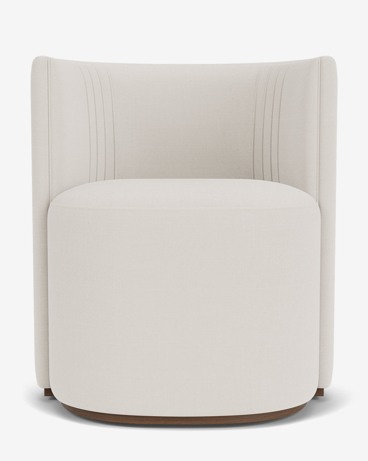 The Georgina Dining Chair features designer ivory upholstery, a curved backrest, vertical stitching, and a round wooden base—an art deco piece shown against a plain white background by McGee & Co.