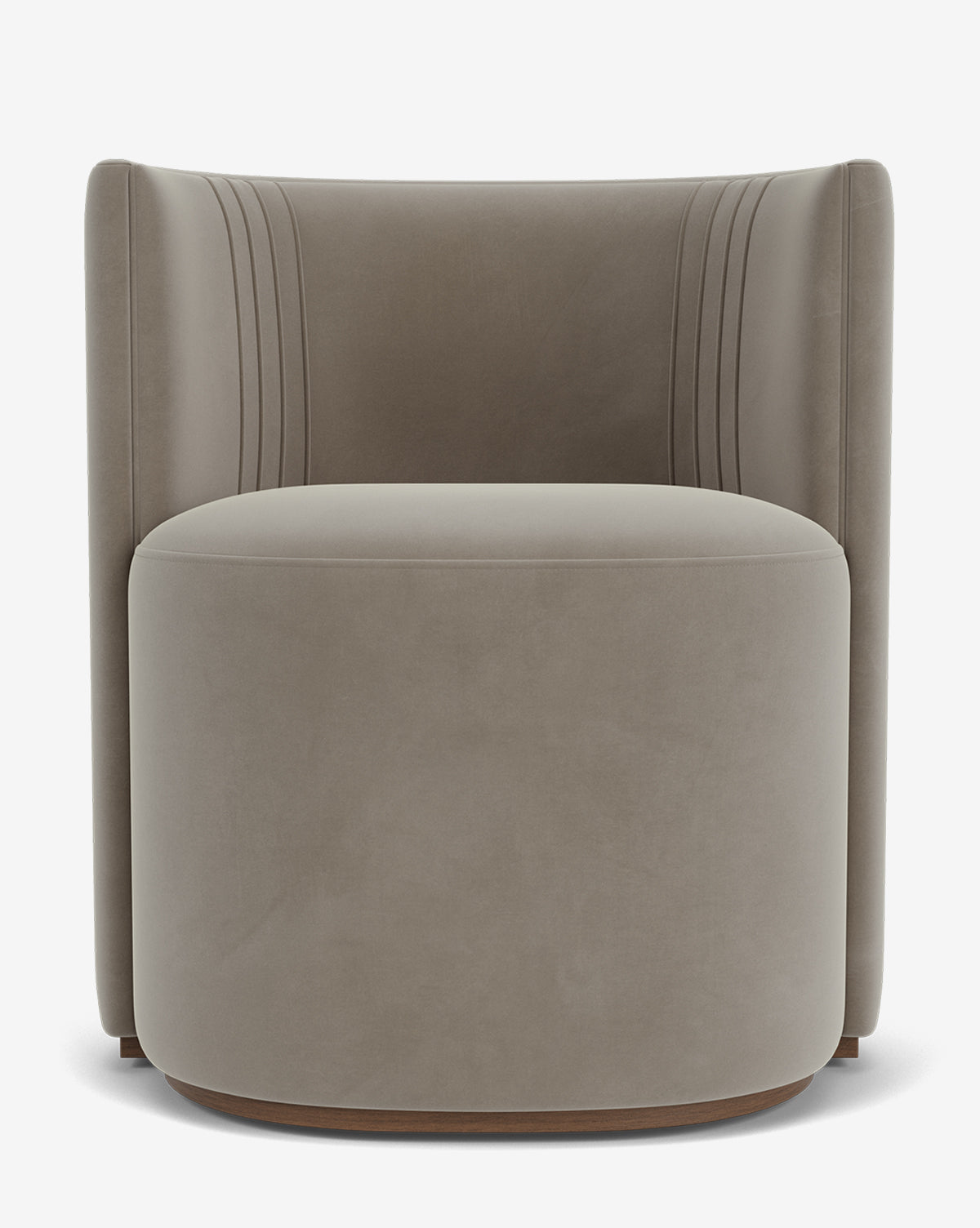 Front view of the Georgina Dining Chair—a modern accent chair in taupe with designer upholstery, rounded seat, high curved back, subtle stitched details, and minimalist design—shown against a plain white background by McGee & Co.