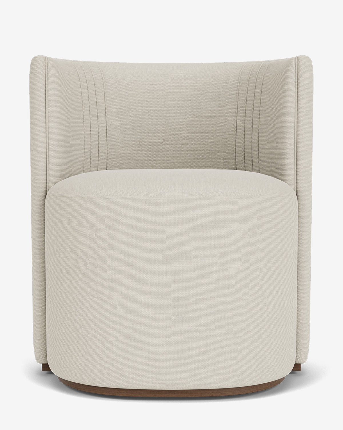 The Georgina Dining Chair is a modern, light beige chair with designer upholstery, a curved backrest, vertical stitched details, and a round smooth wooden base, shown from the front on a plain white background by McGee & Co.