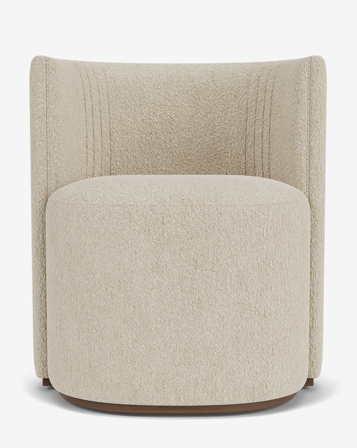 The Georgina Dining Chair is a modern, beige upholstered barrel chair with a curved backrest, rounded seat, and subtle vertical stitching on designer fabric, shown against a plain white background by McGee & Co.