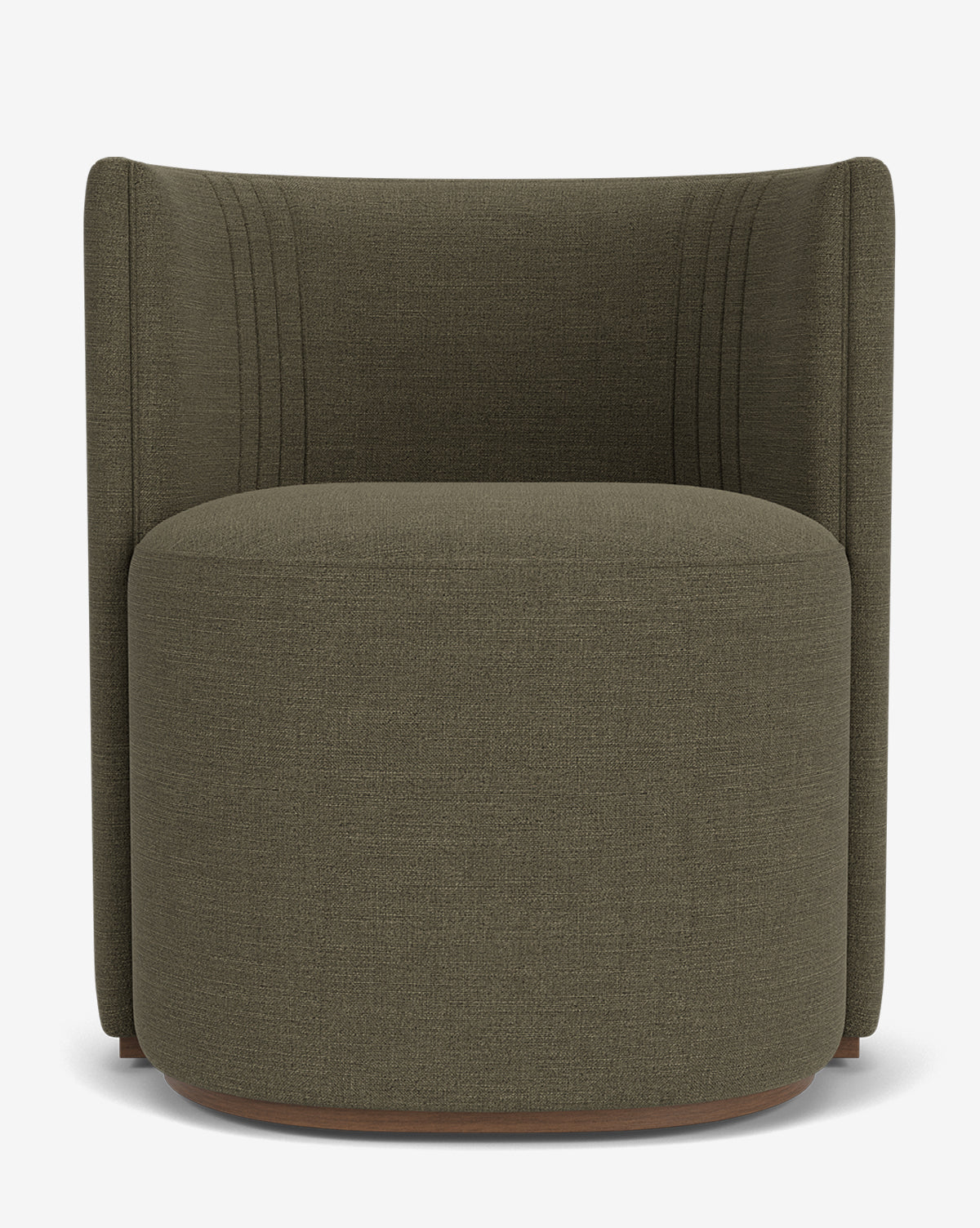 The Georgina Dining Chair, in modern olive green with designer upholstery, features a rounded swivel base, a gently curved backrest, and subtle stitching—all shown against a plain white background by McGee & Co.