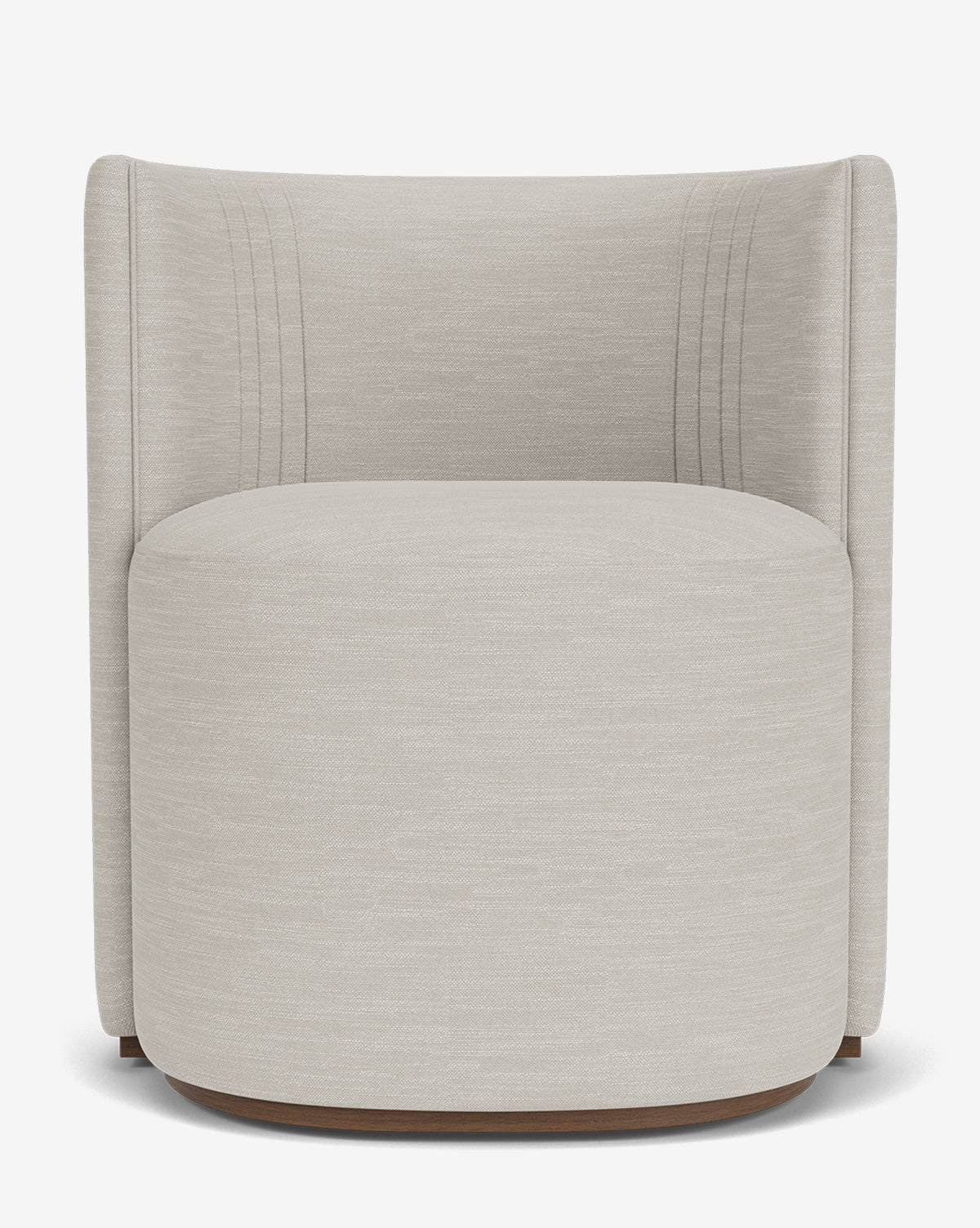 The Georgina Dining Chair is a modern, light beige piece with designer upholstery, a rounded back, subtle vertical stitching, and an elevated wooden base. Its art deco style and minimalist design stand out against a white backdrop by McGee & Co.