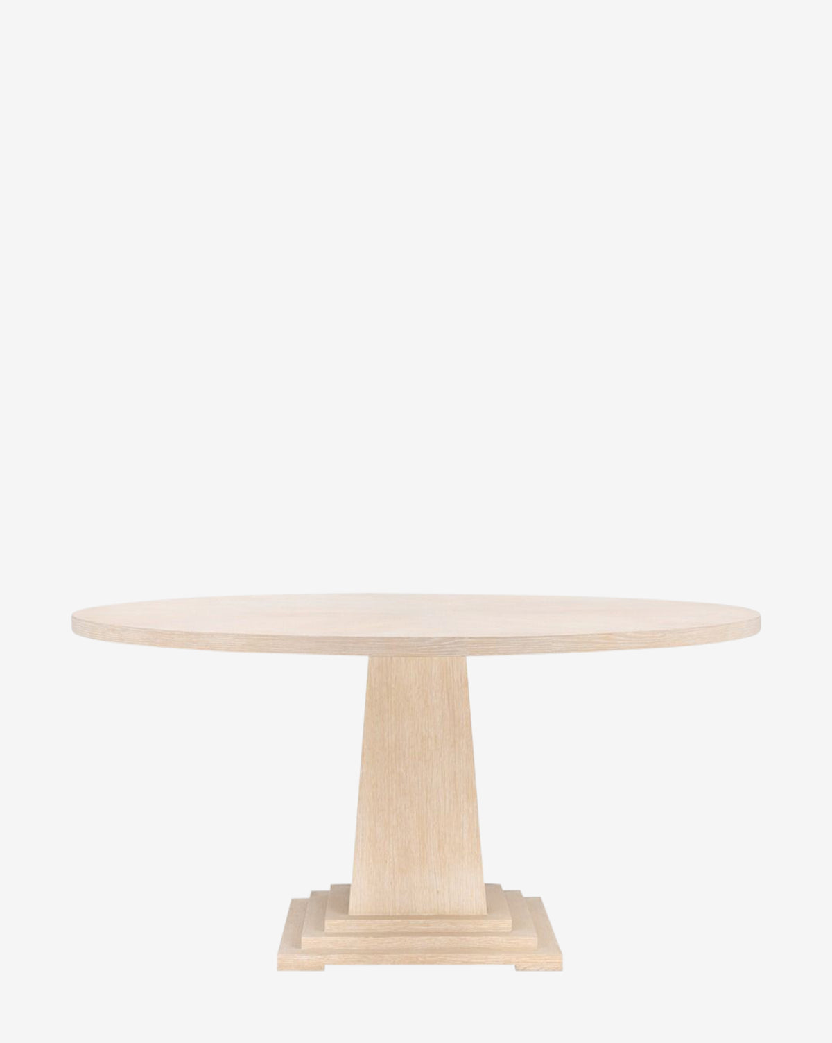 The Gideon Dining Table features a light wood, round top and a single central pedestal base, showcased against a plain white background, by McGee & Co.
