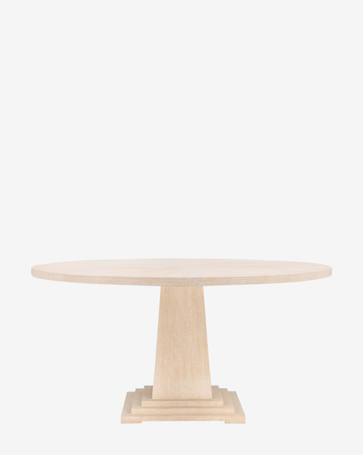 The Gideon Dining Table, crafted from light oak, features a wide, flat top and a single sturdy pedestal base on a square platform, showcasing modern style against a plain white background by McGee & Co.
