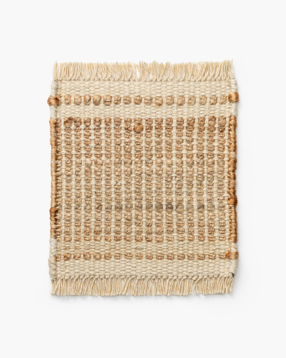 The Girona Cream Handwoven Jute Rug Swatch showcases a rectangular shape in natural beige and tan tones, with a textured grid pattern and fringed ends, set against a white background by McGee & Co.