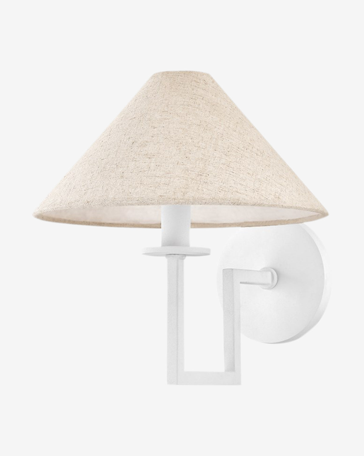 The Gladwyne Sconce by Hudson Valley Lighting is a wall-mounted fixture with a white metal base and arm, paired with a wide, cone-shaped natural linen shade for a soft, stylish glow—McGee & Co.