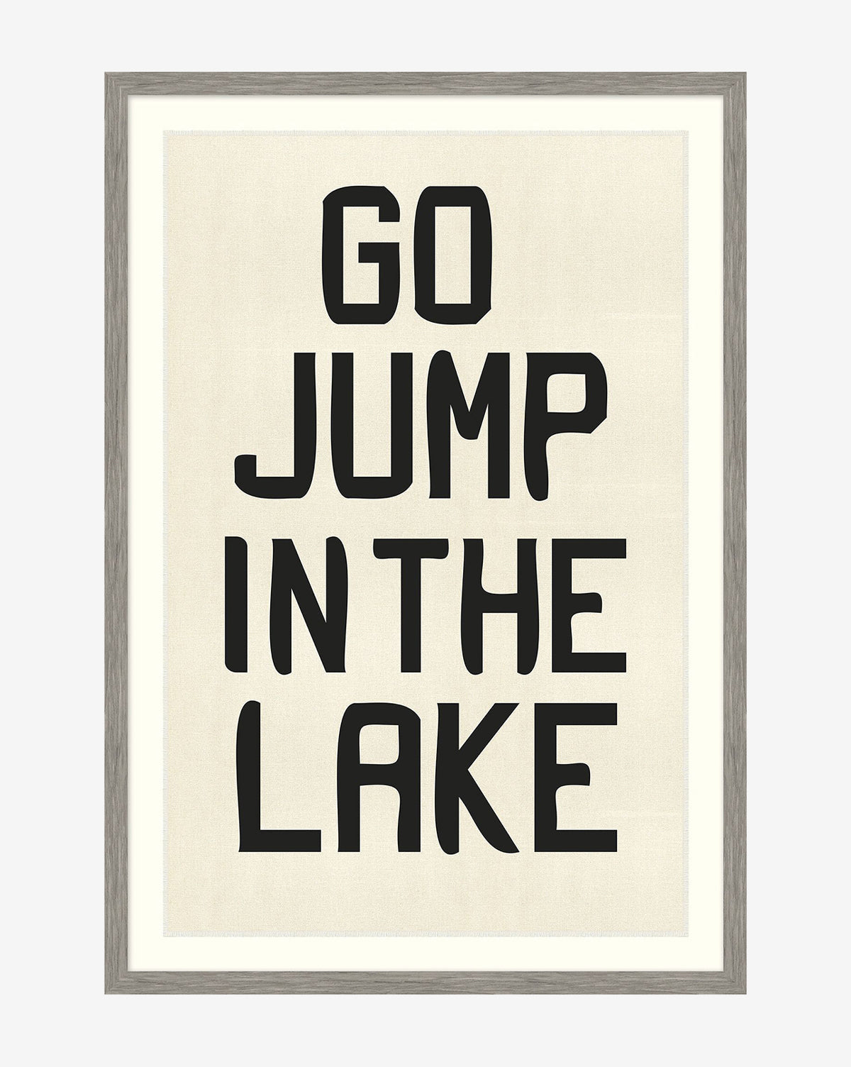 The Go Jump in the Lake framed giclee print features bold black text on a light background, capturing the nostalgic charm of a vintage camp flag.
