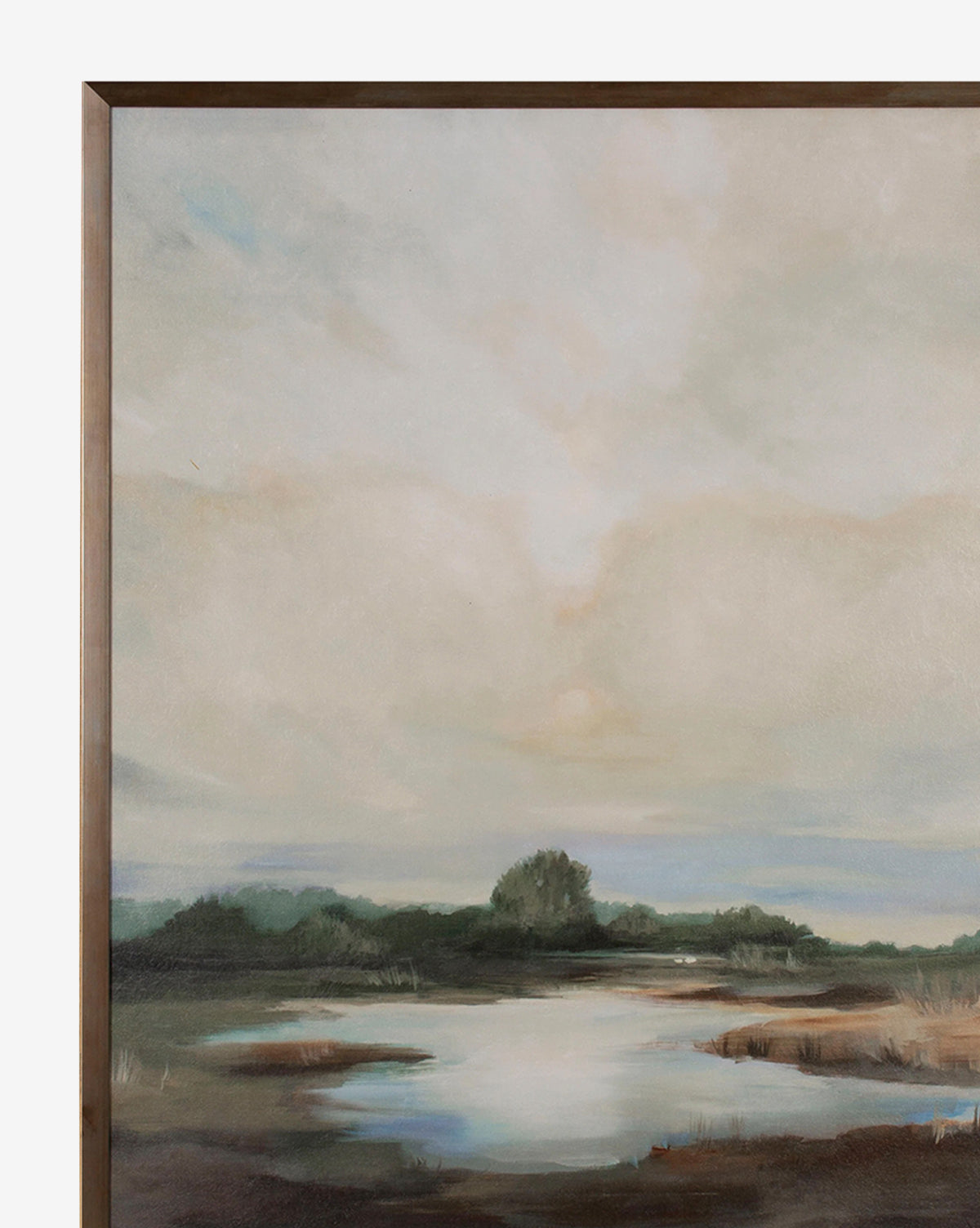 Golden Palette by Liz Jardine: a framed, gallery-quality painting featuring a calm landscape with a cloudy sky, distant trees, and reflective water bordered by grassy marshland in soft, muted golden tones, by McGee & Co.
