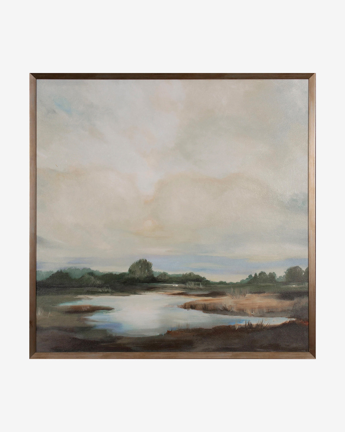 Gallery-quality framed Golden Palette by Liz Jardine—a textured canvas print depicting a serene landscape with a soft sky, calm water, and shoreline trees in muted, earthy tones, by McGee & Co.