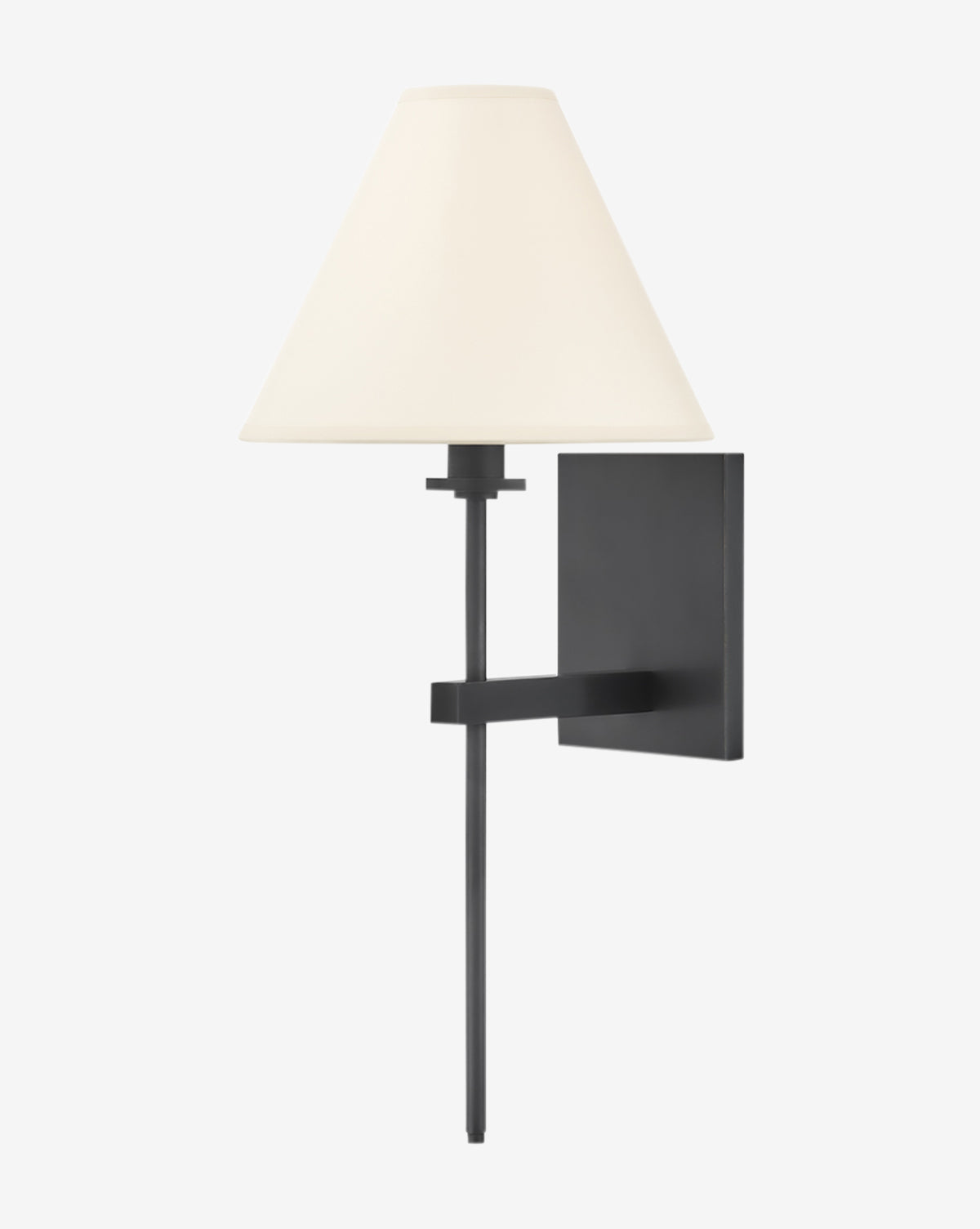 The Graham Wall Sconce by Hudson Valley Lighting features a black metal base and arm with a vertical rod and wide white tapered paper shade, offering a minimalist, torch-inspired design ideal for contemporary interiors. McGee & Co.