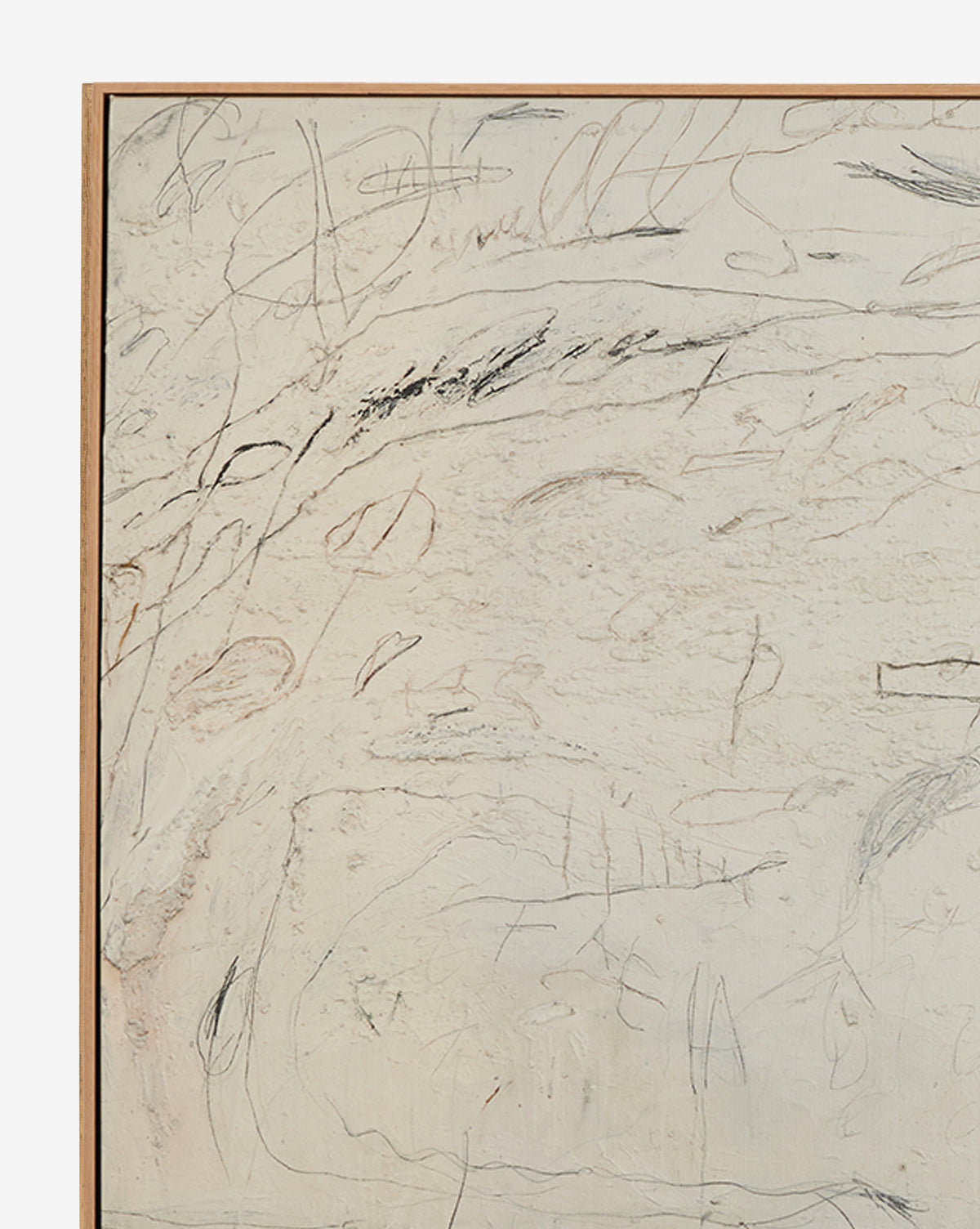 Examination of the Rose by Tyler Guinn is gallery-quality abstract art with a pale, textured background, swirling pencil and charcoal lines, scribbles, and faint shapes, framed in a thin light wooden border.