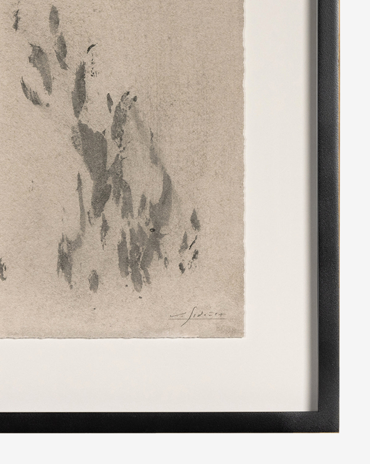Abstract black ink brushstrokes on textured beige paper, framed in black with a white mat. Signed in the lower right corner. Part of the Poetic Architectures No. 6 series by Valeria Sid.