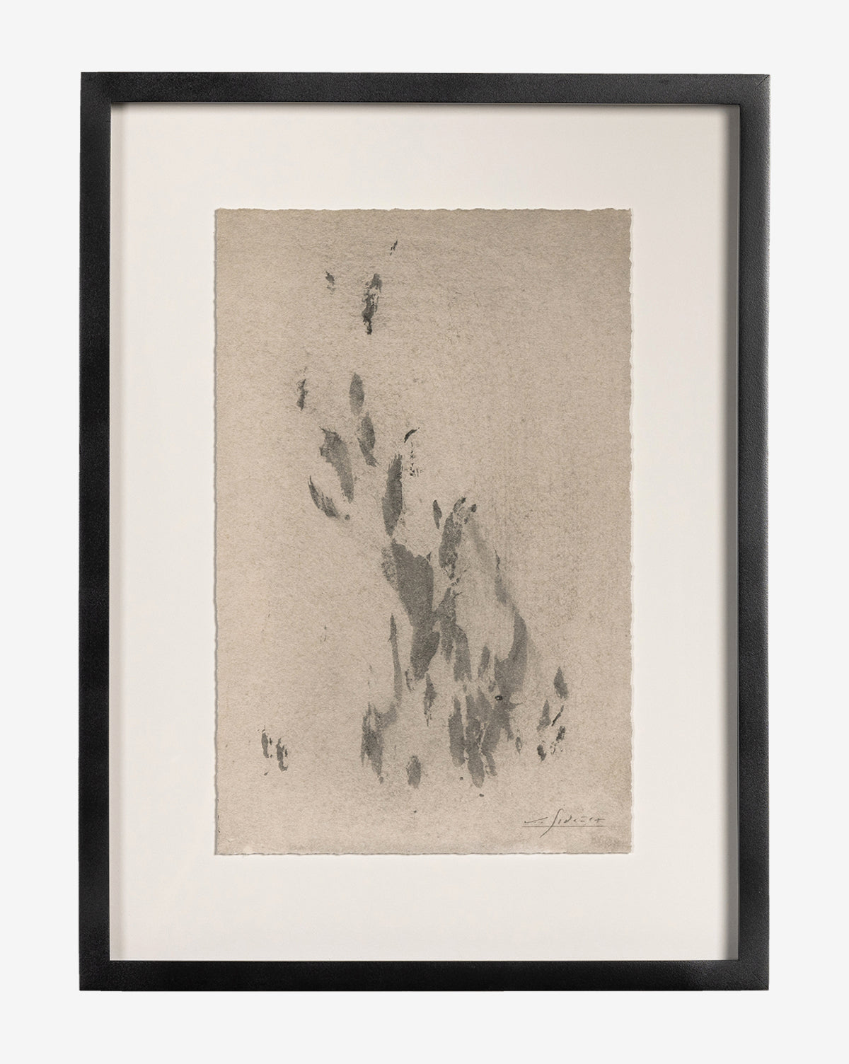 Poetic Architectures No. 6 by Valeria Sid features gray brushstrokes arranged vertically on a neutral beige background, with a subtle signature in the lower right, all presented as a framed textured paper art piece.