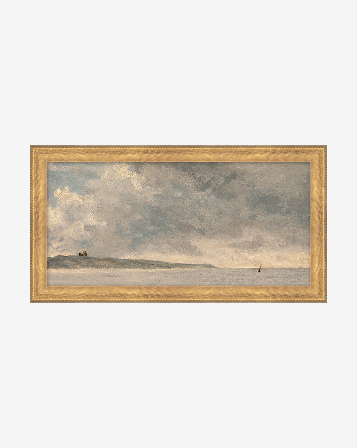 Gray Seas is a moody framed wall art featuring a cloudy sky over gray seas with a distant shoreline, a house on a hill, and a solitary sailboat drifting on the right, creating a tranquil gray-toned scene.