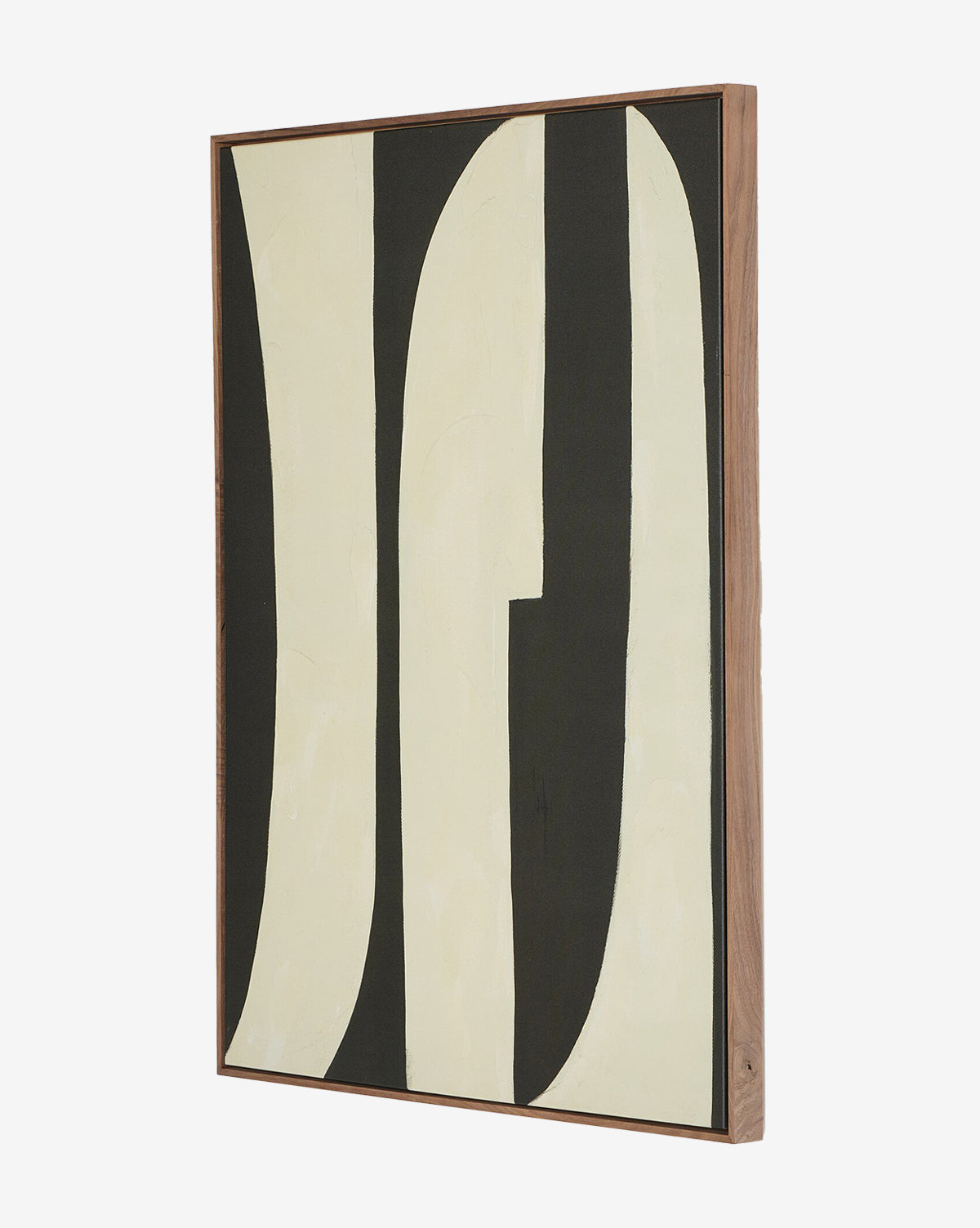 Grecco I by Jess Engle features curved, vertical black and cream shapes on a cream background. Displayed at an angle, this matte-wrapped abstract painting is set in a walnut gallery floater frame for modern elegance, by McGee & Co.