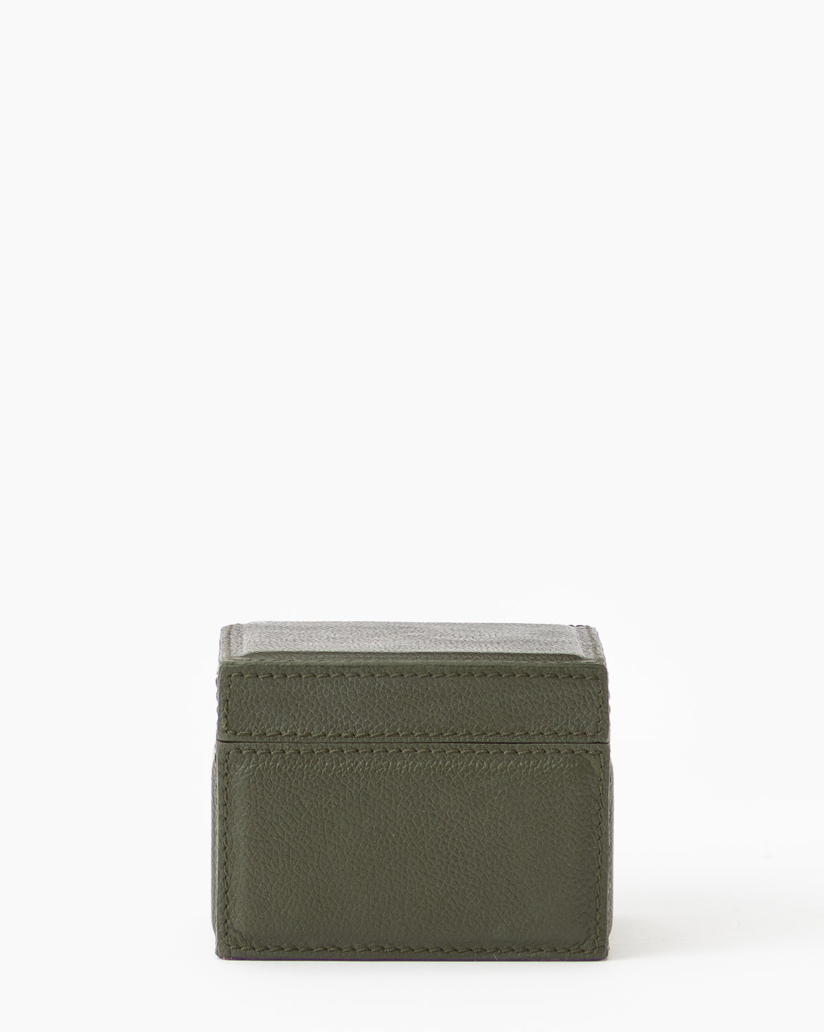 The Green Leather Box is a small, rectangular storage box made from olive green full grain leather with visible stitching. Shown closed and viewed from the front against a plain white background.