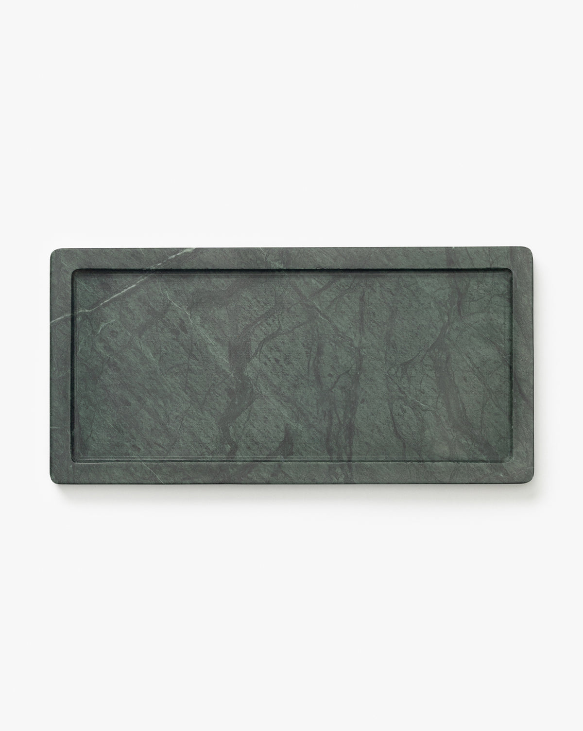 The Green Marble Nesting Tray, shown on a plain white background, features a rectangular shape and natural stone veining with a raised border—ideal for stylish decorative displays in any setting, by McGee & Co.