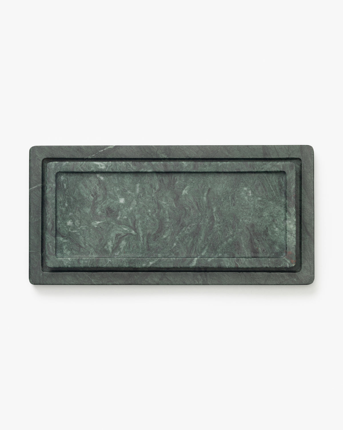 The Green Marble Nesting Tray features raised edges, subtle white veining, and a polished surface—ideal for decorative displays—shown here against a plain white background, by McGee & Co.