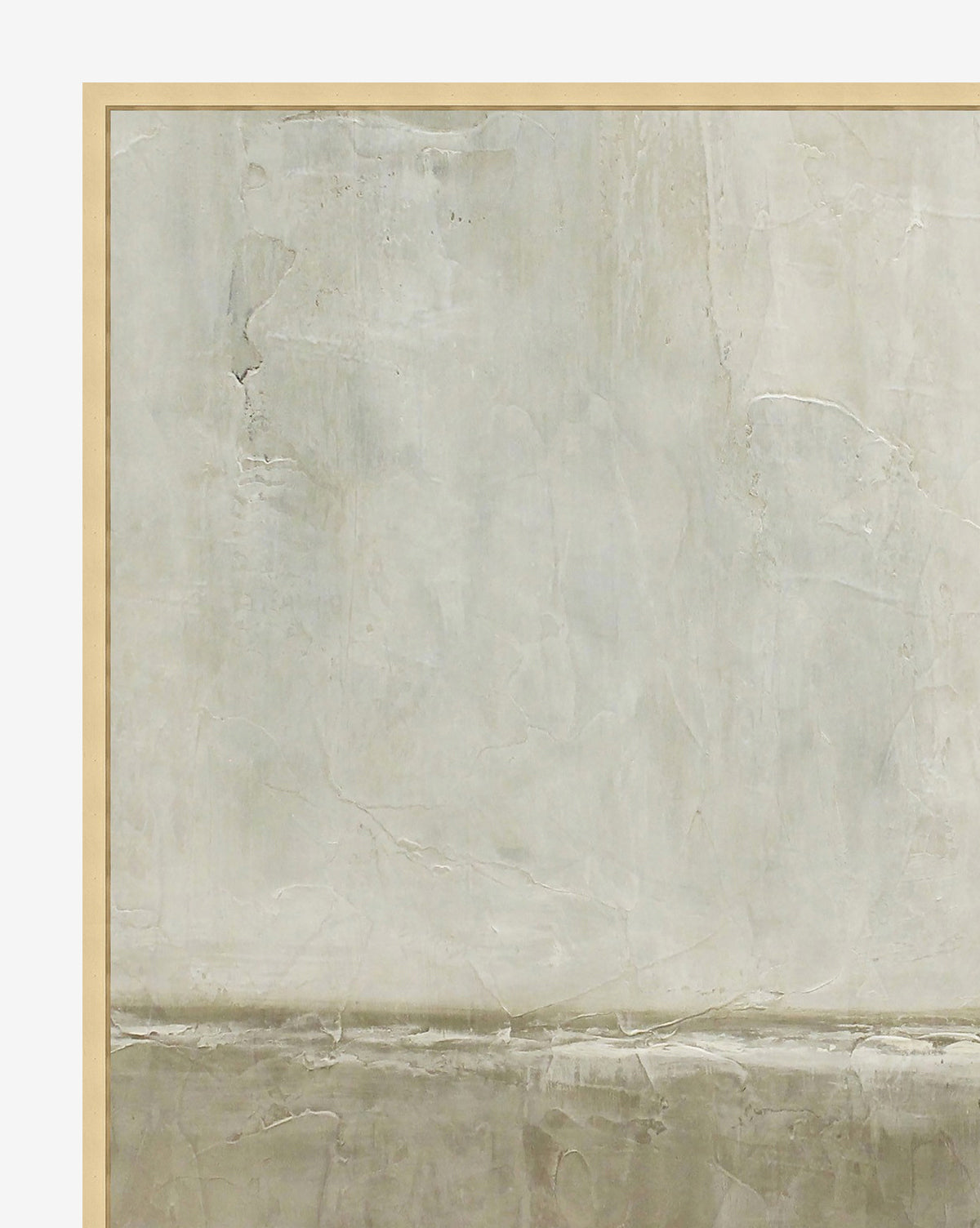 “Gulf Shores” is a minimalist painting with faded gray and green tones, a textured surface, and a subtle horizontal line, framed in simple light wood—ideal for adding serene style to your home décor.