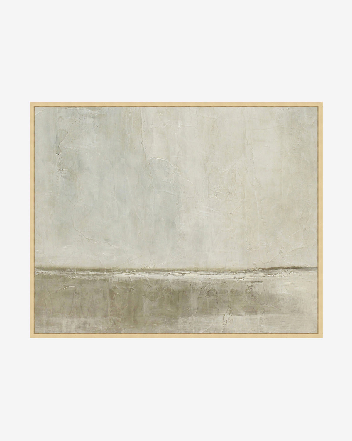 Gulf Shores is a minimalist abstract painting with faded gray and green tones, a textured surface, and a horizontal line near the bottom. Framed in light wood, it evokes a calm landscape—perfect for serene home decor.