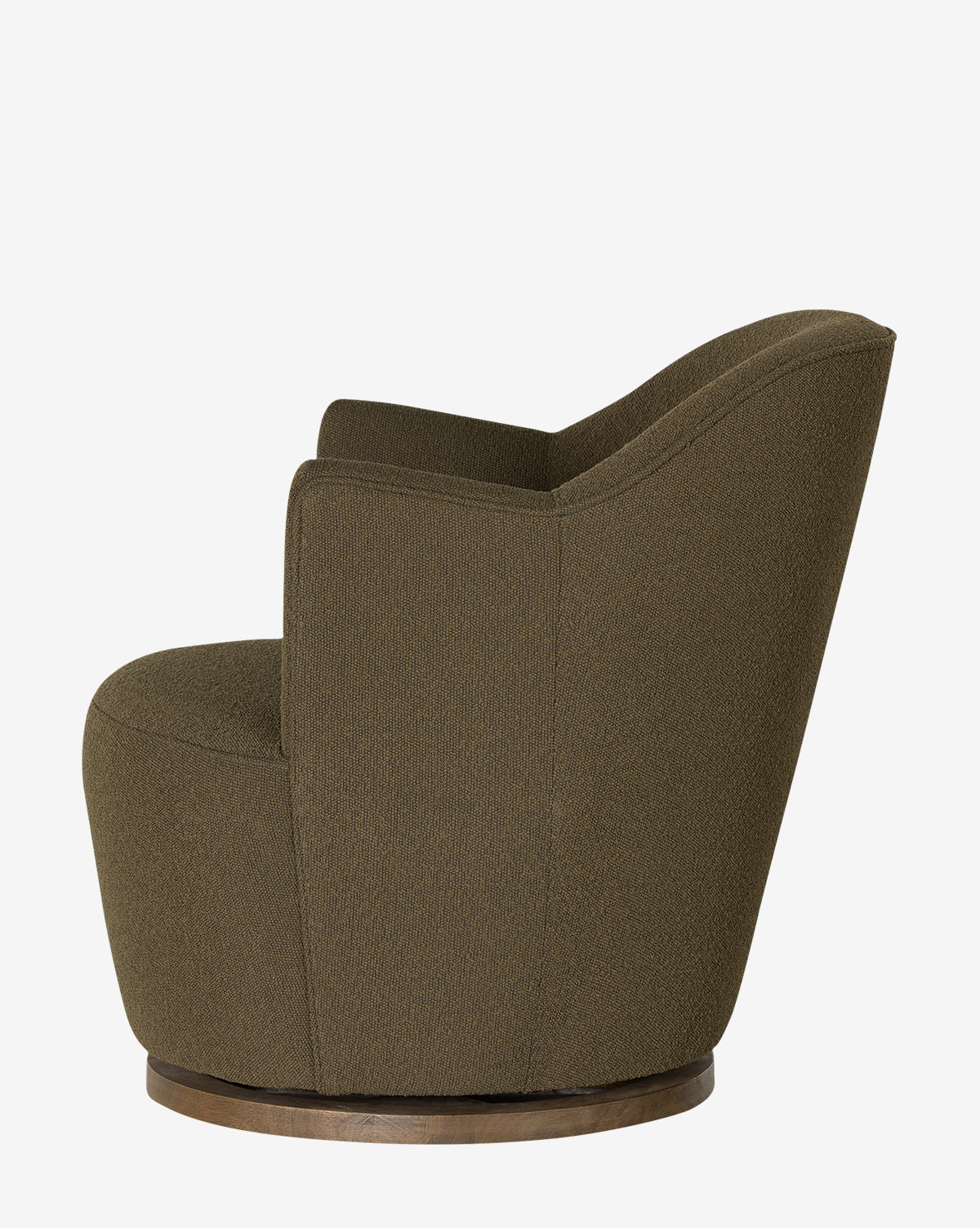 Side view of the Gulliver Swivel Chair, showcasing its contemporary design with olive green boucle upholstery, rounded backrest and seat, and a wooden circular base.