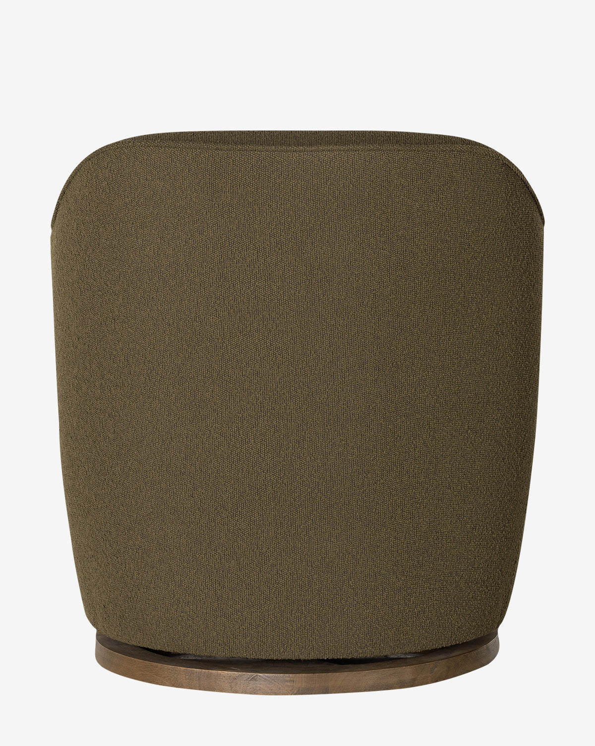 The Gulliver Swivel Chair, shown from the back in olive-green boucle with a curved backrest and round wooden base, is a chic, modern piece that makes a stylish statement in any contemporary space.