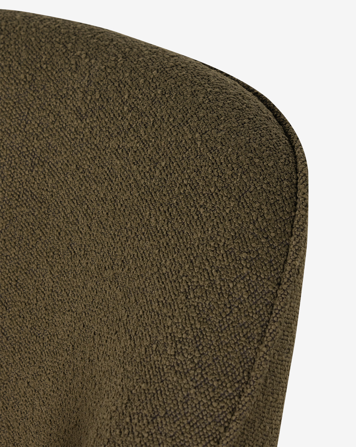 Close-up of the textured olive green boucle fabric upholstery on the curved backrest of the Gulliver Swivel Chair, shown against a plain white background.