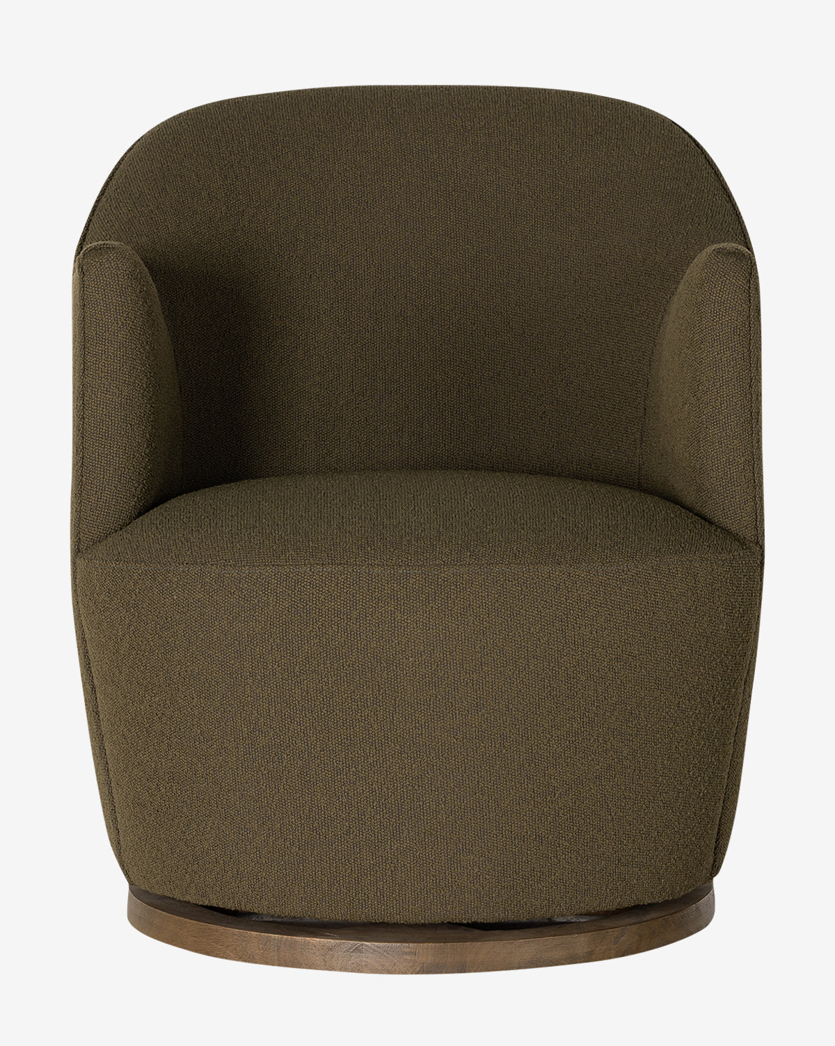 The Gulliver Swivel Chair is a modern olive green upholstered armchair with a curved backrest, armrests, and a circular wooden base, offering contemporary style and swiveling functionality. Set against a plain white background.