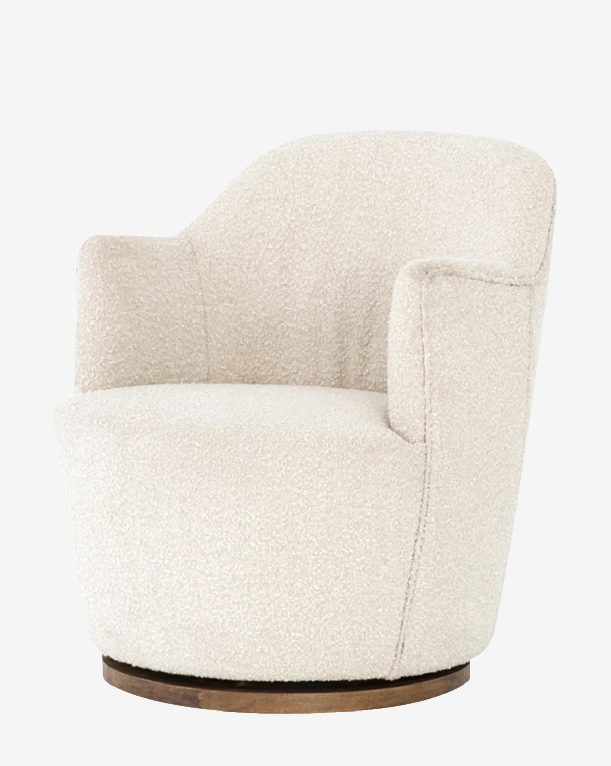 The Gulliver Swivel Chair features modern boucle upholstery in off-white, a curved backrest, plush seat cushion, and a wooden circular base, displayed against a plain white background.